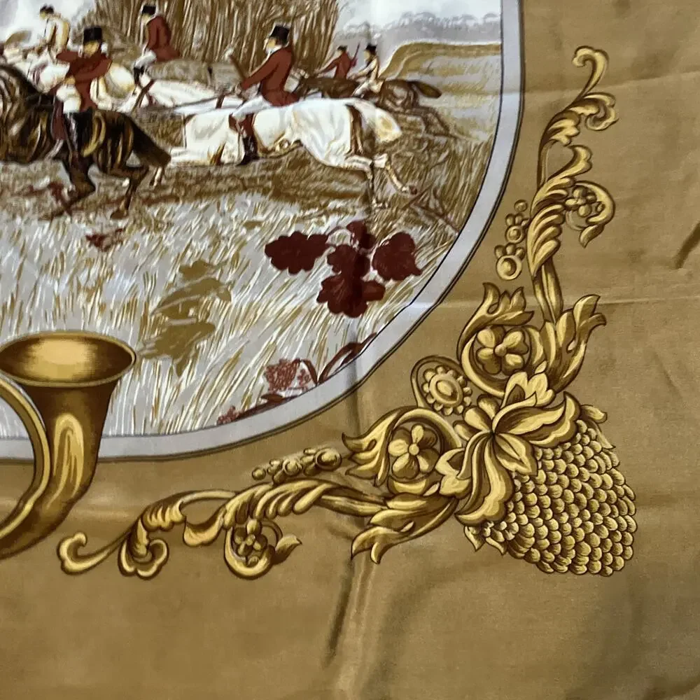 Vtg Hunt Scene Silk Scarf Bronze Equestrian Hunting Print Fox Hunt Japan Luxury